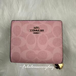 Coach Snap Wallet In Signature Canvas With Charm CEC34 Gold/Powder Pink NWT